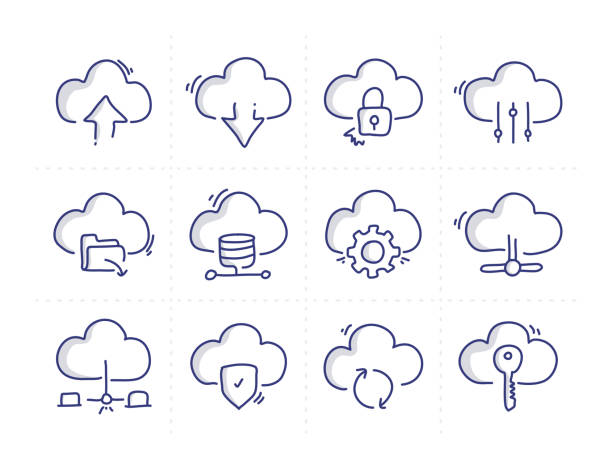 ilustraciones, imágenes clip art, dibujos animados e iconos de stock de conjunto simple de iconos de línea vectorial de doodle relacionados con la computación en la nube - diagram computer network network server network security