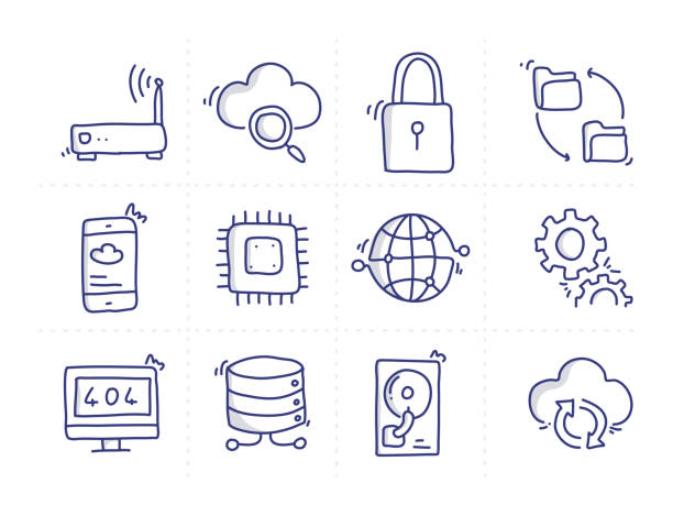 ilustraciones, imágenes clip art, dibujos animados e iconos de stock de conjunto simple de iconos de línea vectorial de doodle relacionados con la computación en la nube - diagram computer network network server network security