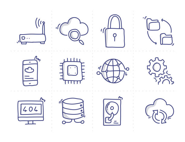 ilustrações de stock, clip art, desenhos animados e ícones de simple set of cloud computing related doodle vector line icons - diagram computer network network server network security