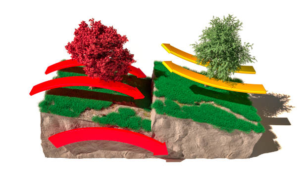 different types of plate boundaries: convergent boundaries, terrain section, 3d render. - divided plate imagens e fotografias de stock