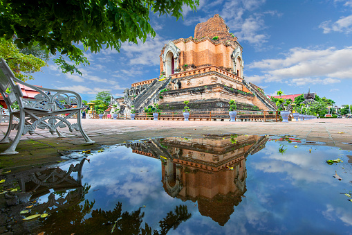 Remains of the historical Buddhist temple known as Wat Chedi Luang, in Chiang Mai, Thailand.