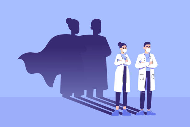 Doctors standing confidently and superhero shadow appears behind on the wall. Saving life medical concept. Fighting against coronavirus pandemic. Epidemic. Strong. Brave. Courage. Vector illustration vector art illustration