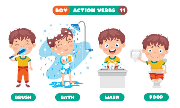 акция глаголы для образования детей - brushing teeth stock illustrations