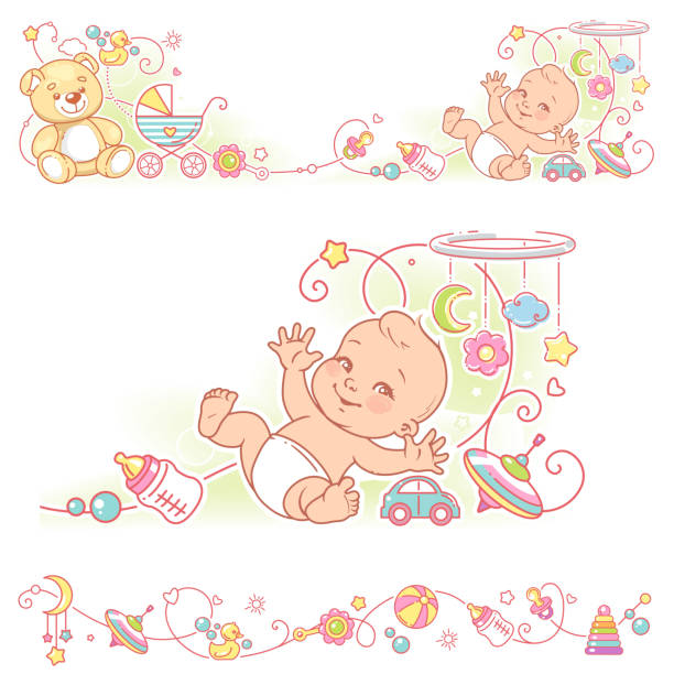 Baby with toys and objects. Decorative borders. Baby, toys, ornamental border design. Cute baby of 3 months lay on back waving hands, legs. Vector frame, upper and bottom border. Decorative elements, bottle of milk, pacifier. Vector illustration. baby boy newborn backgrounds stock illustrations