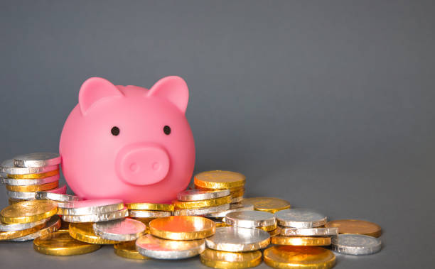 a savings or banking concept with a children's piggy bank surrounded by gold and silver coins with copy space - 2603 imagens e fotografias de stock