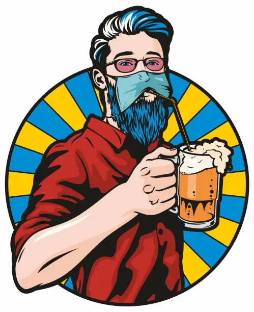 Vector illustration of Hipster Wearing Protective Face Mask Drinks Beer