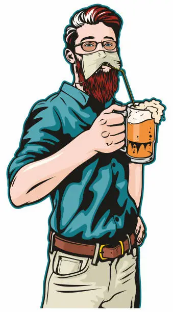 Vector illustration of Hipster Wearing Protective Face Mask Drinks Beer