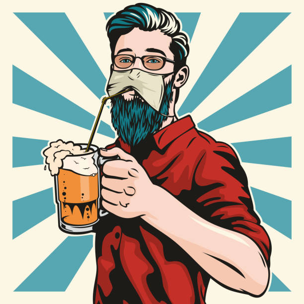 Hipster Wearing Protective Face Mask Drinks Beer Retro style pop art illustration of a handsome young hipster man wearing a surgical face mask. He's standing with a big glass of beer in his hand which he's still able to drink through a straw. drinking illustrations stock illustrations