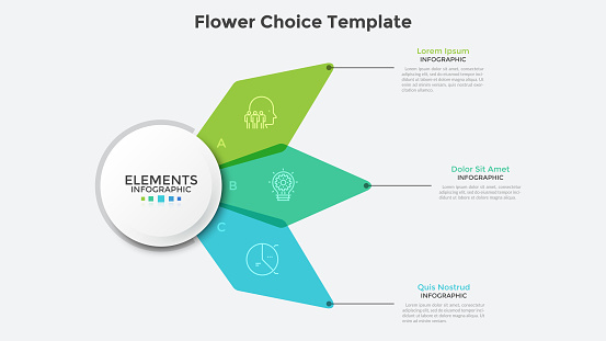 Flower chart with three colorful translucent petals. Clean infographic design template. Concept of 3 business options to choose. Modern vector illustration for presentation, banner, brochure.