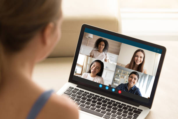 istock Millennial girl have fun talking on web with girlfriends 1222279361