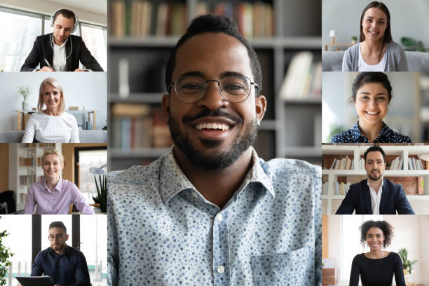 istock Multiracial colleagues have webcam online briefing on computer 1222279371