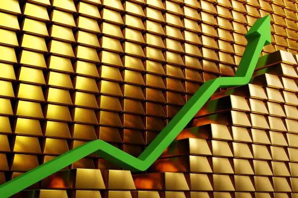 Photo of Gold prices soaring in a bullish market. Green arrow going up over gold bars. Concept digital 3D render.