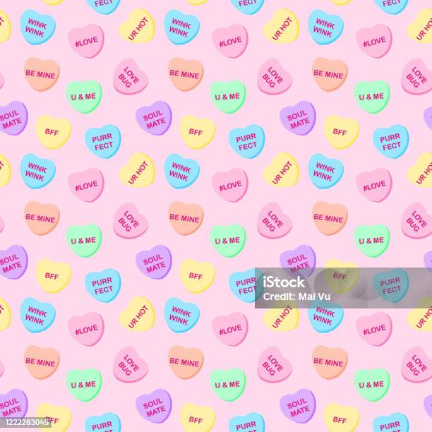 Candy Hearts Dikişsiz Desen Stok Vektör Sanatı & Kalp şekli‘nin Daha Fazla Görseli - Kalp şekli, Sevgililer günü, Şekerleme