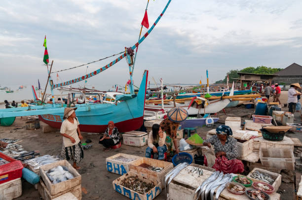 overview of beach side fish market in late afternoon - group of people women beach community imagens e fotografias de stock