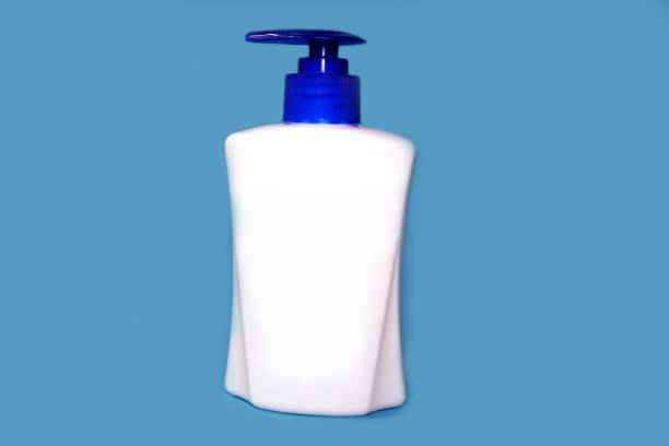 blank label plastic bottle of antibacterial liquid soap - liquid soap blue plastic textile imagens e fotografias de stock