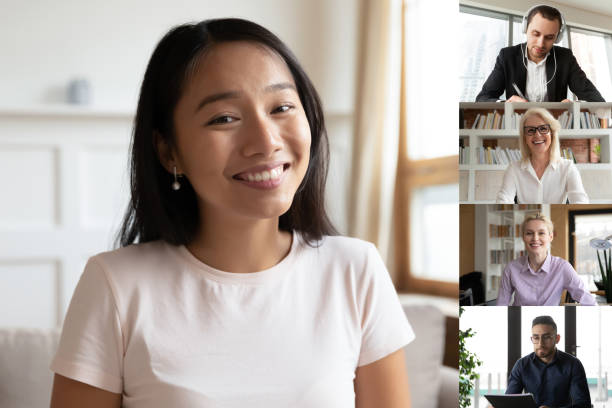 istock Smiling Asian employee talk on video call with colleagues 1222285448