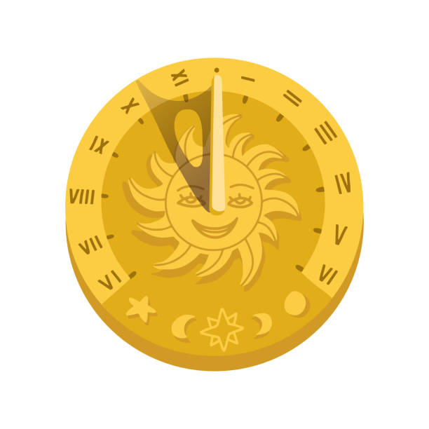 Top view of sundial icon with shadow. Concept of clock face with roman numerals, timer silhouette, measuring, astrology, sun character face . Flat style trendy vector illustration on white background Top view of sundial icon with shadow. Concept of clock face with roman numerals, timer silhouette, measuring, astrology, sun character face . Flat style trendy vector illustration on white background. ancient sundial stock illustrations