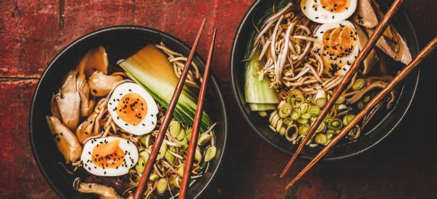 istock Japanese Ramen soup with chicken and shiitake mushrooms, wide composition 1222286079