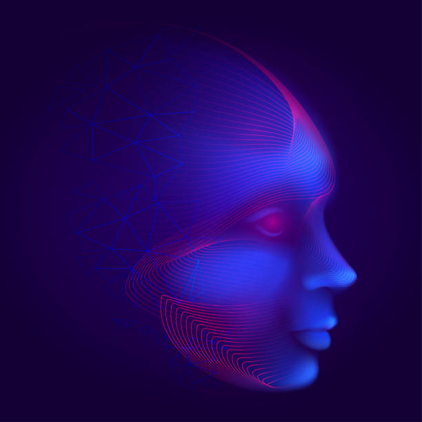 istock Cyber robotic human face consisting of lines, mesh and polygons. Futuristic digital artificial intelligence or facial recognition vector illustration with android virtual head on dark blue background 1222286789