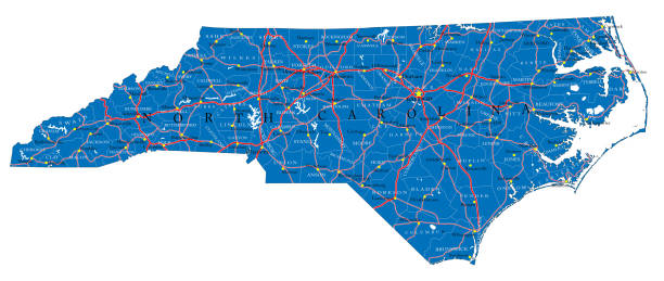 North Carolina state political map Detailed map of North Carolina state,in vector format,with county borders,roads and major cities. state of north carolina map stock illustrations