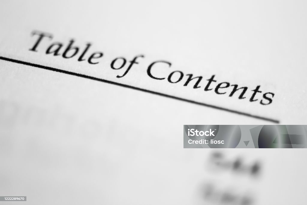 Table of contents label The label "Table of contents" printed on paper Inside Of Stock Photo