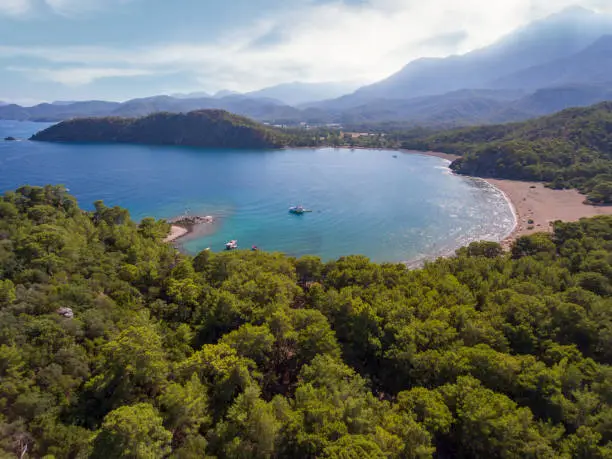 Aerial View of Beautiful Beach and Old Ruins in the Forest at Phaselis in Anatolia