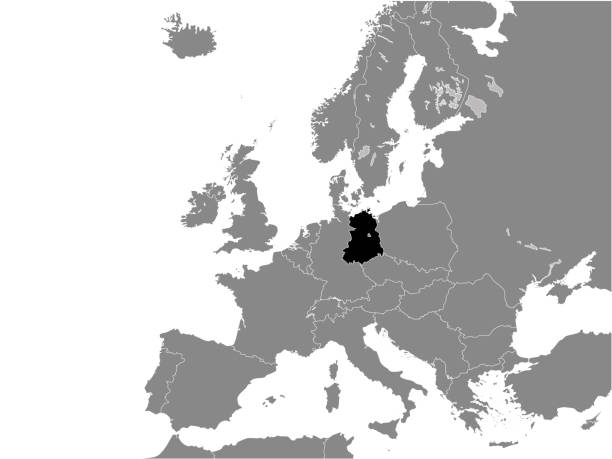 Map of East Germany (German Democratic Republic - GDR) Black Flat Map of Map of East Germany (German Democratic Republic - GDR, 1949–1990) inside Gray Map of Europe habsburg dynasty stock illustrations