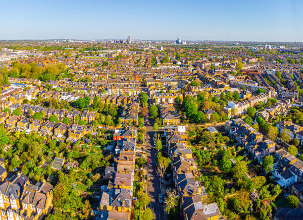 Aerial view of London suburb in the morning, UK Aerial view of London suburb in the morning, UK chiswick stock pictures, royalty-free photos & images