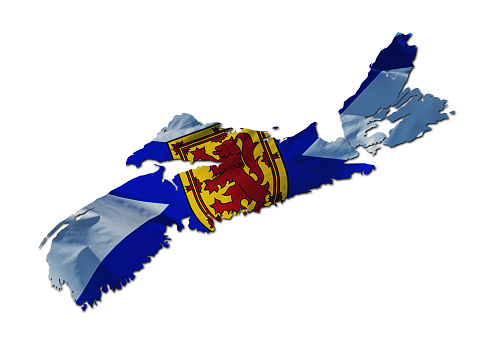 Nova Scotian flag overlaid on a map outline of the province.