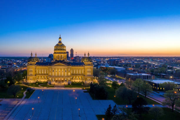 Aerial View of the Iowa Skyline and State Capitol Building at Night stock photo