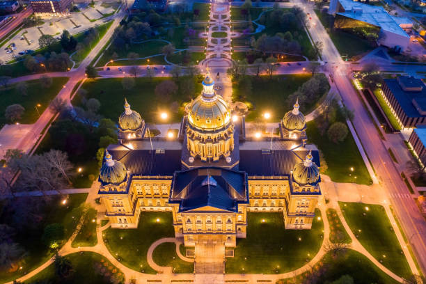 Aerial View over the Iowa State Capitol Building at Night stock photo