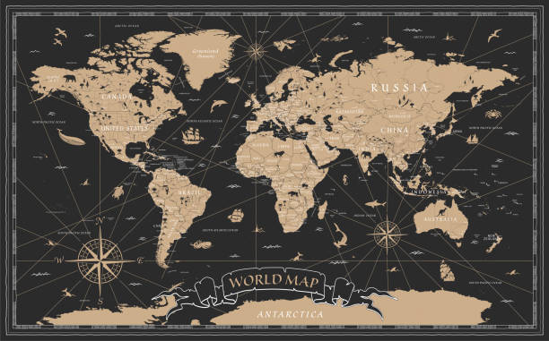 ilustrações de stock, clip art, desenhos animados e ícones de world map vintage black golden detailed - vector - sepia toned illustrations