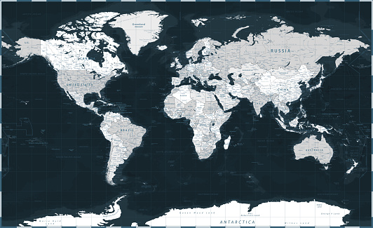 World Map - Dark Black Grayscale Silver Political - Vector Detailed