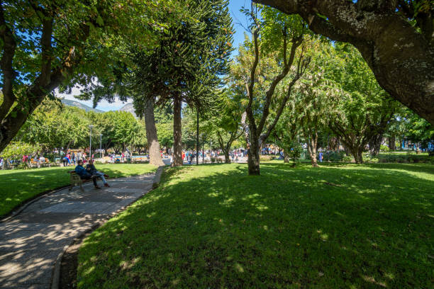 February 2020. People at Coyhaique city square in the Chilean Patagonia, southern Chile