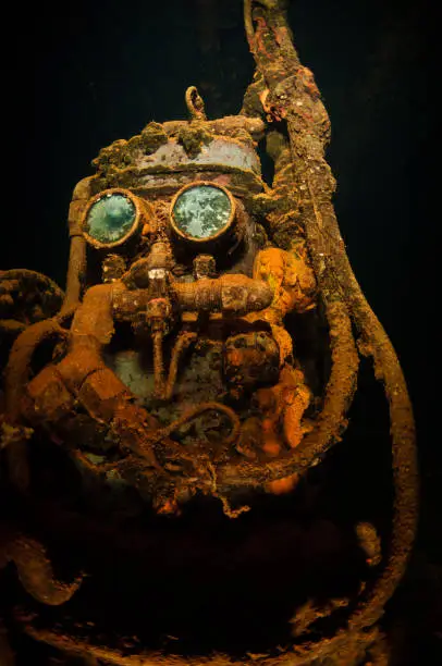 World War II compressor known as R2-D2 located inside the engine room of the Fujikawa Maru shipwreck in Chuuk Lagoon.