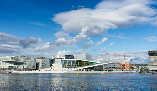 Oslo, Norway June 1, 2019: Panorama of Oslo waterfront with Oslo Opera House.