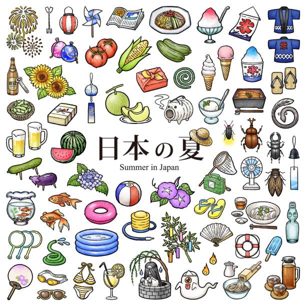Japanese summer tradition Tools and food indispensable for Japanese summer events and holidays. traditional festival illustrations stock illustrations