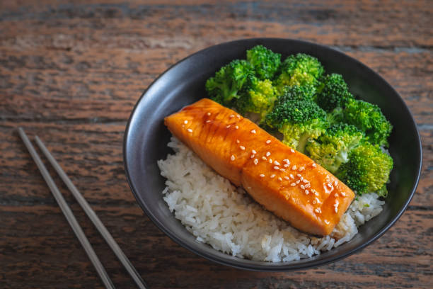 istock Salmon teriyaki with rice and vegetable in bowl 1222316377