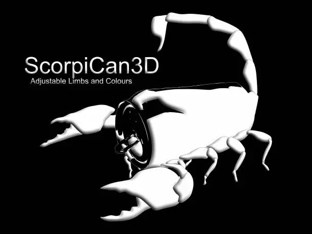 Vector illustration of ScorpionSodaCan 3D - Scorpion Mixed with a Soda Can Isometric View Silhouette White on Black Background - Fully Moveable Vector - Pandinus Imperator / Aluminium Drinking Can Amalgamation Silhouette Texture Background