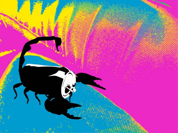 Vector illustration of ScorpionSodaCan Neon - Scorpion Mixed with a Soda Can Isometric View Silhouette Black on White Background - Fully Moveable Vector - Pandinus Imperator / Aluminium Drinking Can Amalgamation Silhouette Texture Background