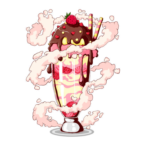 istock Ice cream in sundae glass dish cup with sliced strawberry, chocolate, dragee and wafer stick. Vector hand drawn illustration isolated on white background. Tasty vanilla strawberry sundae bowl 1222323882