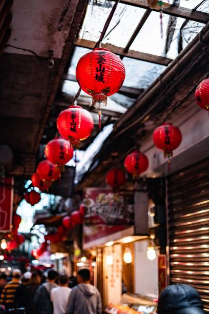 istock Red lanterns on Asian street 1222329001