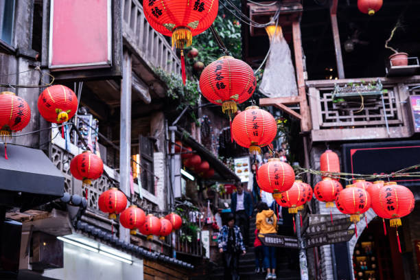 istock Red lanterns on Asian street 1222329951