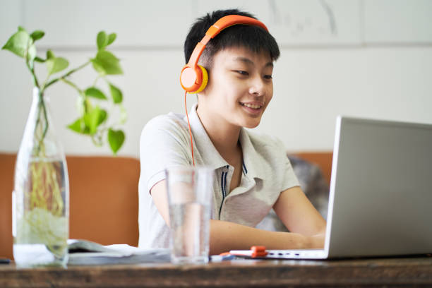 Asian teenage boy taking online lessons at home wearing headset smiling stock photo