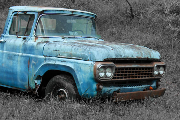 istock Old blue truck with black and white background 1222335769