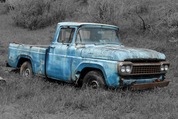istock Old blue truck with black and white background 1222335790