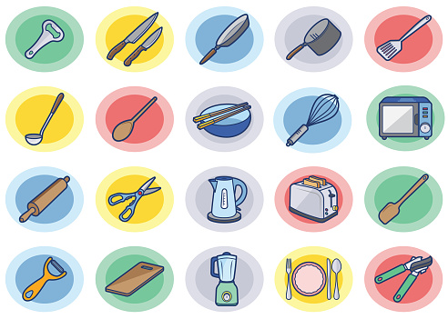 There is a set of color icons/clip arts about kitchen tools and related stuffs in the style of Clip art. All objects are outlined and colored by live paint feature.