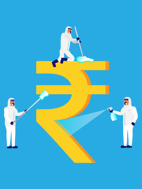 Cleaning rupee Three emergency workers wearing protective suits work together to clean the rupee symbol. rupee symbol stock illustrations