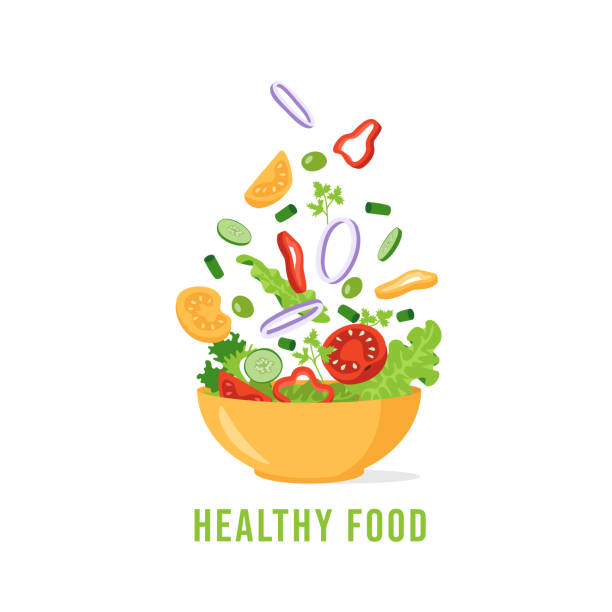 ilustrações de stock, clip art, desenhos animados e ícones de green salad of fresh vegetables. the concept of organic healthy eating. tomato, cucumber, lettuce, parsley, olives, onions, bell pepper. vector illustration in flat style. - green bell pepper illustrations