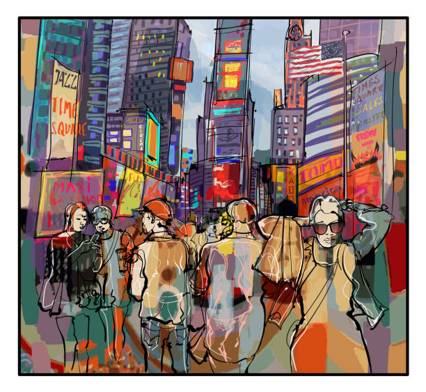 ilustraciones, imágenes clip art, dibujos animados e iconos de stock de representación colorida de times square en la ciudad de nueva york - times square